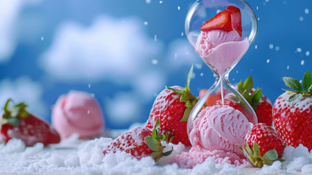 This creative image features strawberry ice cream resting in an hourglass, surrounded by fresh strawberries and a snowy backdrop, symbolizing the delightful sweetness of summer treats.の素材