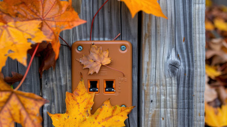 A serene close-up of an outdoor electrical outlet on a wooden fence, surrounded by vibrant autumn leaves in warm orange and yellow tones. Perfect for seasonal themes.の素材
