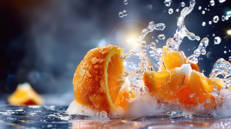 A captivating image of fresh orange slices creating an energetic splash of juice and water droplets against a dark background, perfect for food photography.の素材
