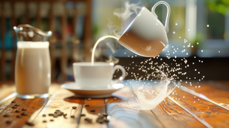 A captivating image of a coffee cup with steam rising, as sugar cascades gracefully from an overhead cup. Ideal for showcasing warmth and cafの素材