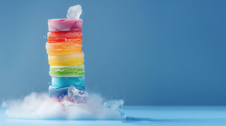 A visually striking image featuring colorful stacked ice cream scoops melting on a blue background. This dessert evokes feelings of joy and summer.の素材