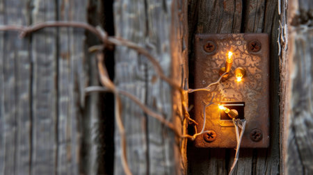 This image captures a vintage light switch mounted on a rustic wooden wall, surrounded by warm glowing bulbs and twisted wires, creating a cozy ambiance.の素材