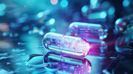 A striking close-up image of colorful transparent capsules resting on a reflective surface, surrounded by glimmering droplets. The vibrant hues and abstract composition create an eye-catching visual ideal for healthcare and science-related themes.の素材