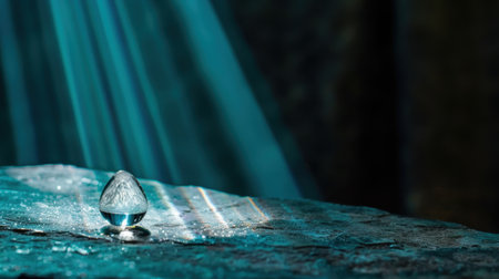 A captivating close-up of a single clear water droplet perched on a textured surface. Gentle light rays illuminate the scene, creating a serene atmosphere.の素材