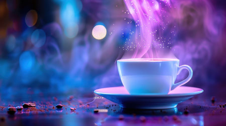 A mesmerizing image featuring a hot cup of coffee with vibrant steam rising amidst a colorful abstract background, evoking warmth and creativity.の素材