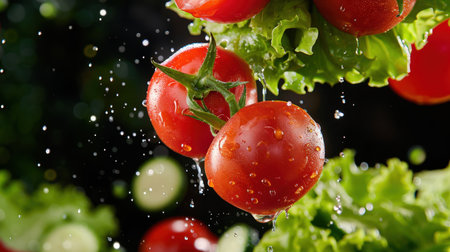 This vibrant image showcases fresh cherry tomatoes splashing in water, surrounded by crisp green lettuce, embodying healthy eating and flavorful cuisine ideas.の素材