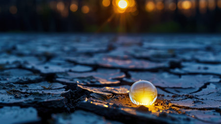 A stunning glass sphere placed on dry, cracked earth captures the ethereal glow of a sunset. The warm light creates a striking contrast, evoking peace and tranquility.の素材