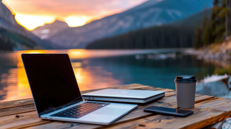 A picturesque outdoor workspace featuring two laptops, a smartphone, and a coffee cup, set against a stunning sunset by a tranquil lake with mountains.の素材