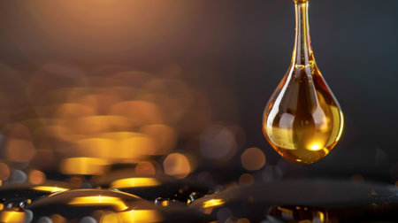 A captivating close-up of a golden oil droplet suspended gracefully above a glossy surface, accented by warm lighting and a stunning bokeh background.の素材