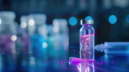 A vibrant laboratory scene featuring a glass vial filled with a sparkling pink liquid, syringe beside it, capturing a creative and scientific atmosphere.の素材