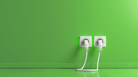 A vibrant green wall features two electrical outlets with white cords plugged in, emphasizing modern energy solutions in a contemporary living space.の素材