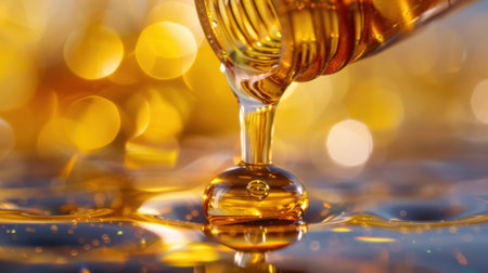 A close-up view of golden honey spilling from a bottle, creating a beautiful drop on a reflective surface. The backdrop features soft bokeh lights, adding elegance and warmth to this sweet and enticing culinary image.の素材