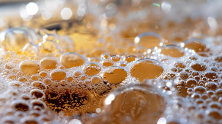 This close-up image showcases the intricate details of bubbles and foam in a golden beverage, highlighting the refreshing texture and lively effervescence.の素材
