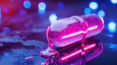 This captivating image features a vibrant pink capsule exuding a glowing aura, set on a reflective surface. Soft bokeh lights create a dreamy atmosphere, highlighting themes of technology and innovation.の素材