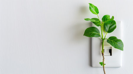 A vibrant green plant emerges from a power outlet, symbolizing the harmony between nature and technology in a modern indoor setting.の素材