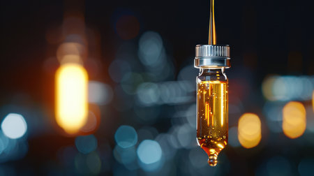 This close-up image showcases a syringe filled with golden liquid, highlighted against a blurred urban night backdrop, emphasizing themes of healthcare and science.の素材