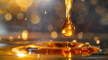 A mesmerizing closeup image of a golden honey drop delicately falling into a smooth liquid surface, surrounded by a dreamy bokeh background.の素材