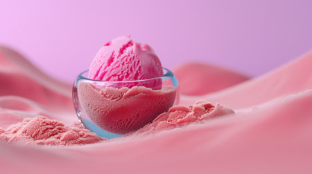 A visually appealing display of a scoop of pink ice cream in a glass bowl set against a soft pastel background, evoking summer sweetness and joy.の素材