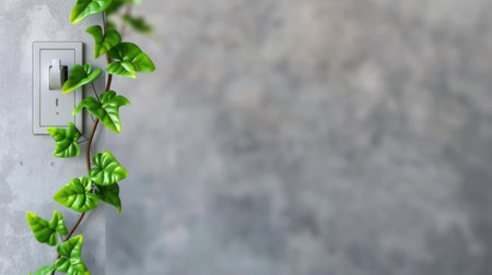 A beautiful green ivy plant gracefully climbs a wall switch, set against a textured gray concrete background, enhancing interior design with natureの素材