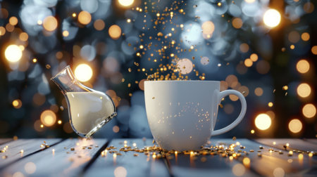 A cozy scene featuring a white cup of coffee with cream and sparkling particles, evoking warmth and comfort. Perfect for morning moments and relaxation.の素材