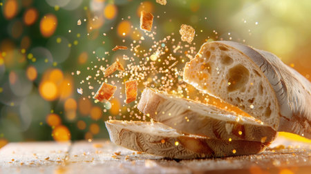 This enchanting image depicts freshly baked bread slices soaring through the air, surrounded by crumbs and shimmering particles. Perfect for culinary themes.の素材