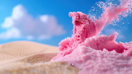 A whimsical scene featuring a vibrant pink sandcastle on a warm beach with a clear blue sky. The playful composition captures joy and creativity.の素材