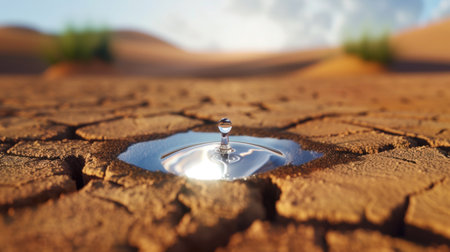 A stunning water droplet rests on a cracked earth surface in a dry desert landscape, showcasing the contrast between moisture and aridity under a serene blue sky.の素材