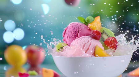 A vibrant bowl of colorful ice cream showcases fresh fruits and a playful splash of water, capturing the essence of summer indulgence and delight.の素材