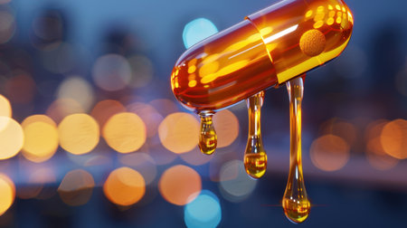 A striking orange capsule with liquid dripping creates a captivating image set against a colorful bokeh background, symbolizing health and wellness.の素材