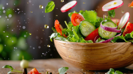 A vibrant display of fresh salad ingredients splashing in a wooden bowl, featuring colorful tomatoes, cucumber, and greens, perfect for health enthusiasts.の素材
