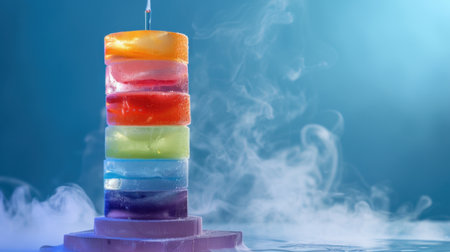 Vibrant stack of colorful soaps with steam rising, set against a serene blue background creating a relaxing and refreshing atmosphere perfect for spa or wellness themes.の素材