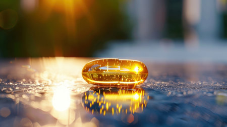 This captivating image showcases a glowing gel capsule sitting on a wet surface, illuminated by warm sunlight. The sparkling water drops create a refreshing atmosphere, making it perfect for health-related themes.の素材
