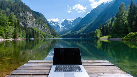 A serene outdoor workspace featuring a laptop on a wooden dock by a stunning lake surrounded by majestic mountains under a bright sky. Perfect for remote work inspiration.の素材