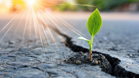 A small green sprout pushes through a crack in dry asphalt, showcasing nature's resilience amidst urban settings. Sunlight highlights the moment of growth and hope.の素材