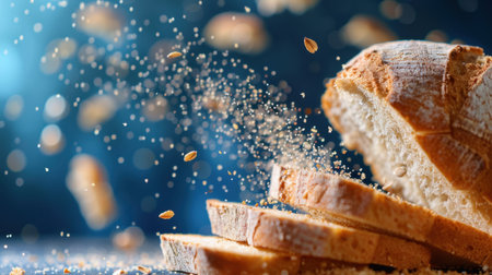 This captivating image features freshly baked bread slices with fine crumbs suspended in the air, creating a magical scene against a soft blue background.の素材