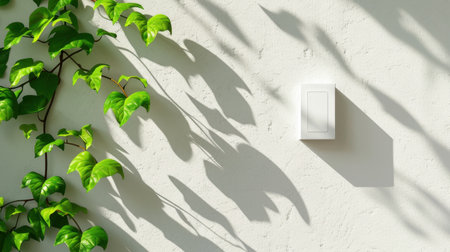 A serene composition featuring vibrant green leaves casting delicate shadows on a light wall, complemented by a light switch, perfect for modern home aesthetics.の素材