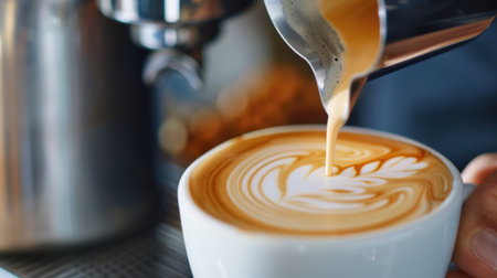 A barista skillfully pours steamed cream into a coffee cup, creating beautiful latte art that adds an artistic touch to the coffee experience.の素材