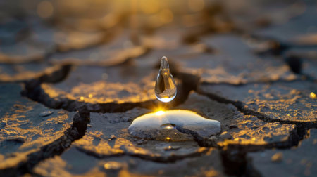 This captivating close-up image showcases a water droplet poised on cracked ground, reflecting sunset light, symbolizing natureの素材