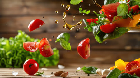 A dynamic scene of fresh vegetables, including vibrant tomatoes and leafy greens, being tossed into a salad bowl with a splash of oil, capturing the essence of healthy cooking.の素材
