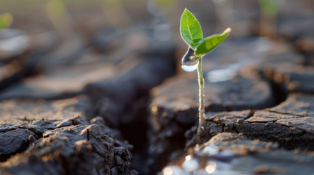 A vibrant green sprout emerges from cracked, dry soil, symbolizing hope and resilience in challenging drought conditions with a drop of water.の素材