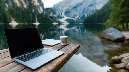 A tranquil scene depicting a laptop and coffee cup resting on a wooden table by a serene mountain lake. The still waters reflect the stunning natural surroundings, creating a perfect spot for relaxation and inspiration.の素材