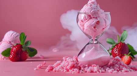 An enticing scene featuring pink ice cream served in an hourglass shaped glass, accompanied by fresh strawberries and a playful background, evoking a sense of summer sweetness.の素材