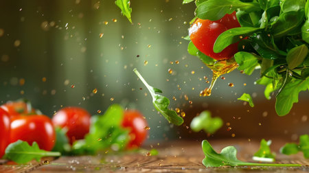 A vibrant scene showcasing a ripe tomato and fresh arugula with water splashes in a blurred kitchen background, perfect for healthy cooking content.の素材