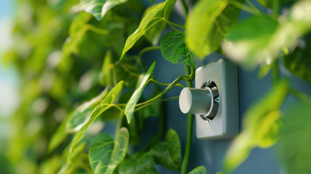 A close-up view of a wall switch surrounded by lush green leaves, creating a harmonious blend of modern technology and natural elements in a tranquil space.の素材