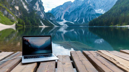 A serene scene featuring a laptop placed on a wooden dock by a tranquil lake, framed by majestic mountains and lush forests, ideal for remote work and inspiration.の素材