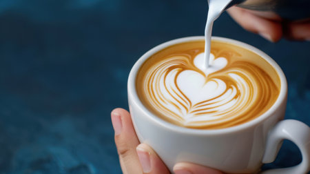 A close-up of a cup of artisan coffee featuring intricate latte art, showcasing a heart design. A hand is elegantly pouring milk, creating a warm and inviting cafe atmosphere.の素材