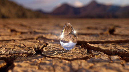 A stunning close-up of a crystal-clear water drop perched on parched, cracked earth, showcasing nature's beauty and fragility against a dramatic mountain backdrop.の素材
