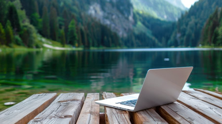 A peaceful setting featuring a laptop resting on a wooden dock with stunning views of a tranquil lake, surrounded by majestic mountains and lush greenery.の素材