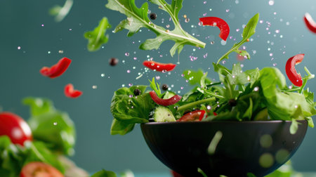 A vivid display of fresh salad ingredients, including arugula, cucumber, and red pepper, splashes of water enhance the vibrant colors, perfect for culinary inspiration.の素材
