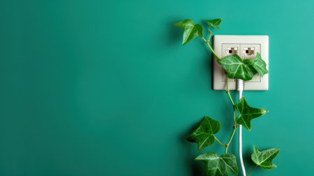 A vibrant image featuring a green ivy plant emerging from an electrical outlet against a turquoise wall. This scene represents the harmony of nature and modern living, combining fresh greenery with contemporary home design elements.の素材